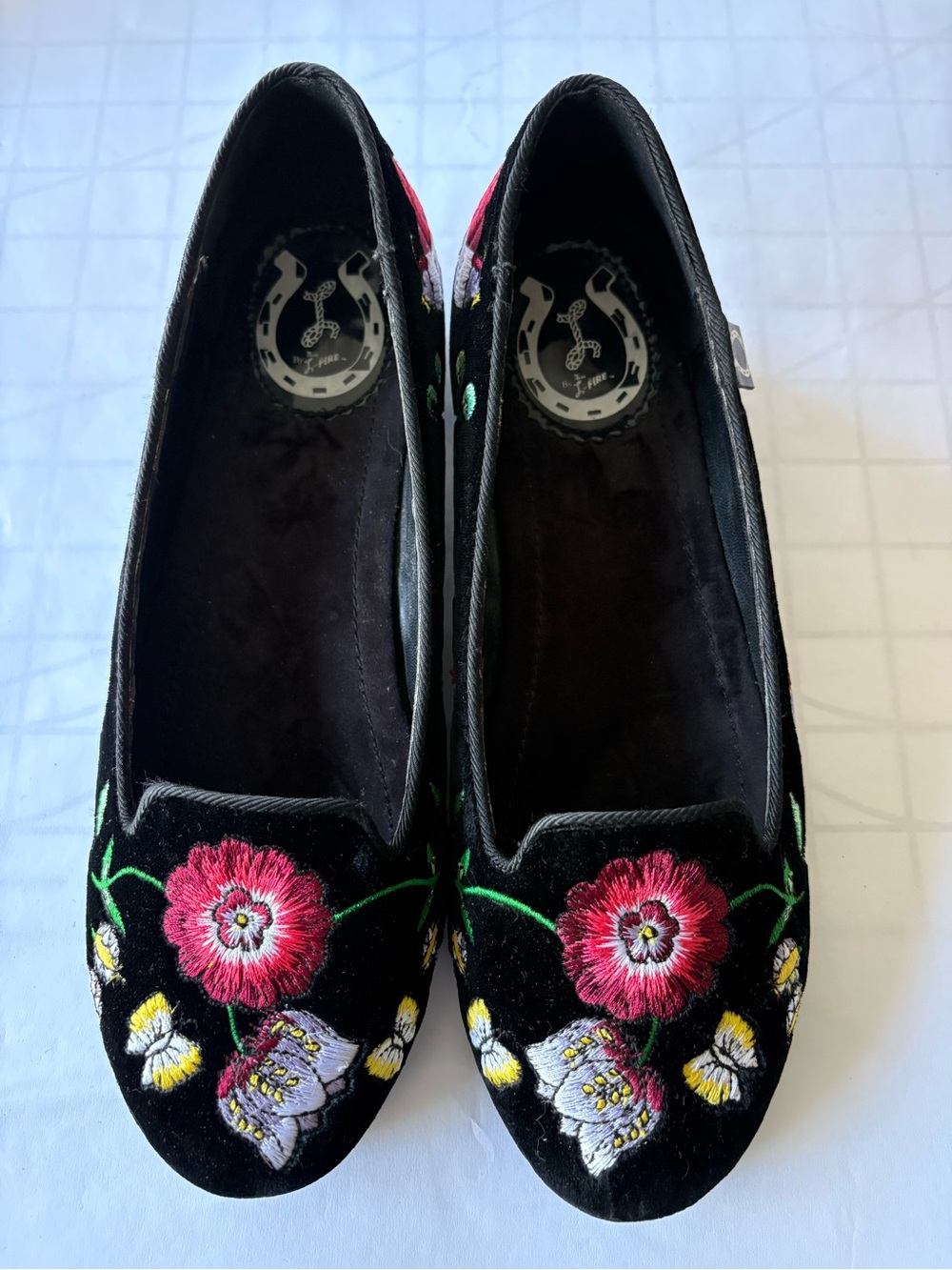 Miss L Fire Black Velvet Floral Embroidered Women’s Slip-On Flats